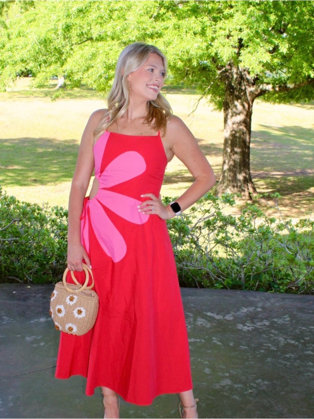 Red Midi Dress with Pink Floral Accent